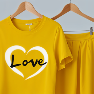 Yellow Love Heart Printed Design Stylish Half Sleeves Round Neck T-Shirt